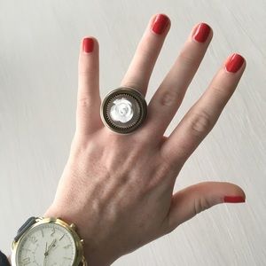 White and Antique Gold Vintage Button Ring